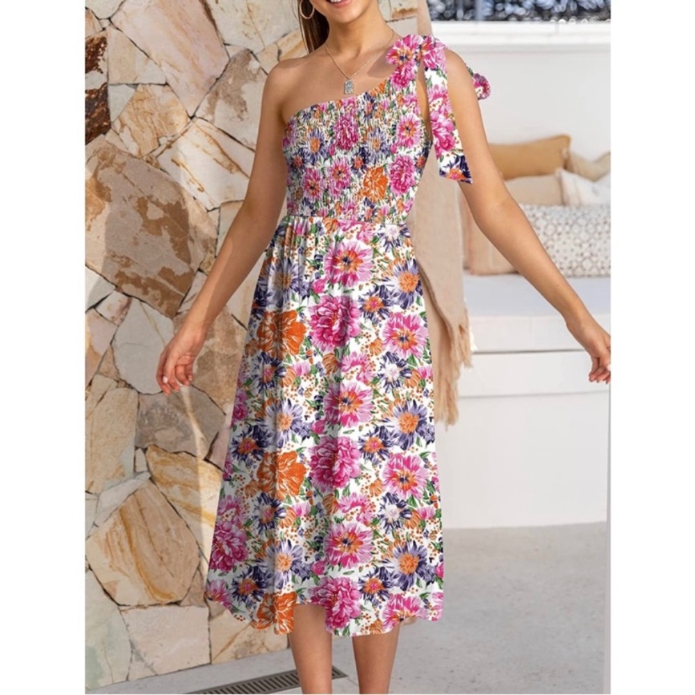 Women’s One Shoulder Smocked Floral Maxi Dress